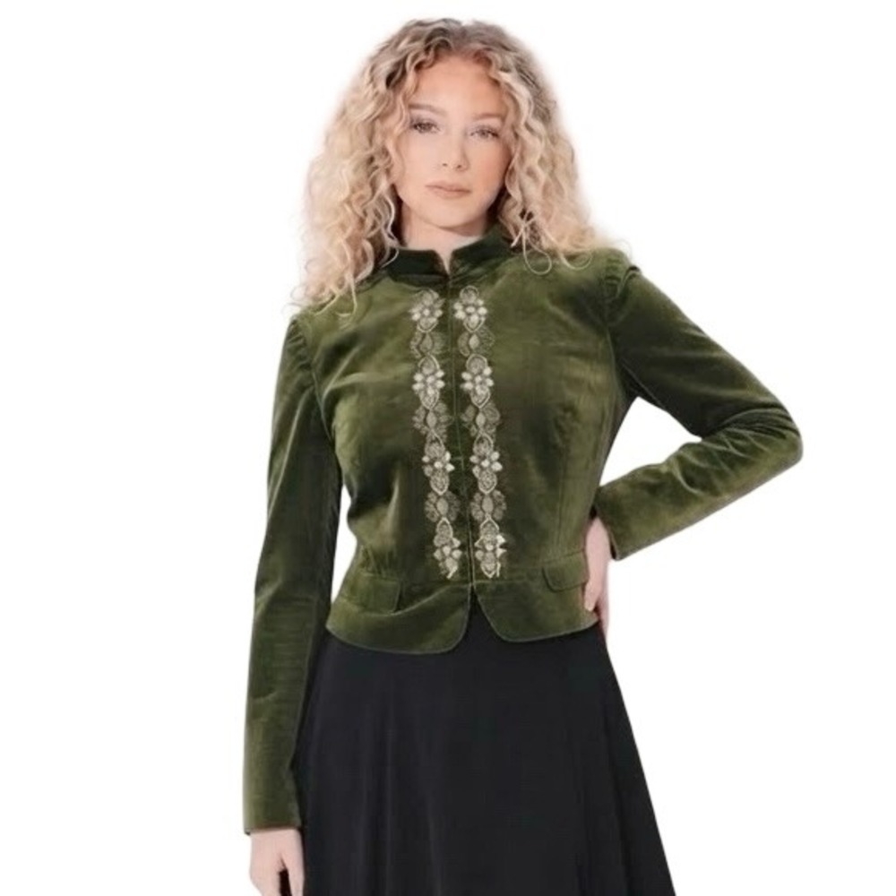 Antonio Melani Green Velvet Embroidered Crop Jacket Open Front Sz L Boho